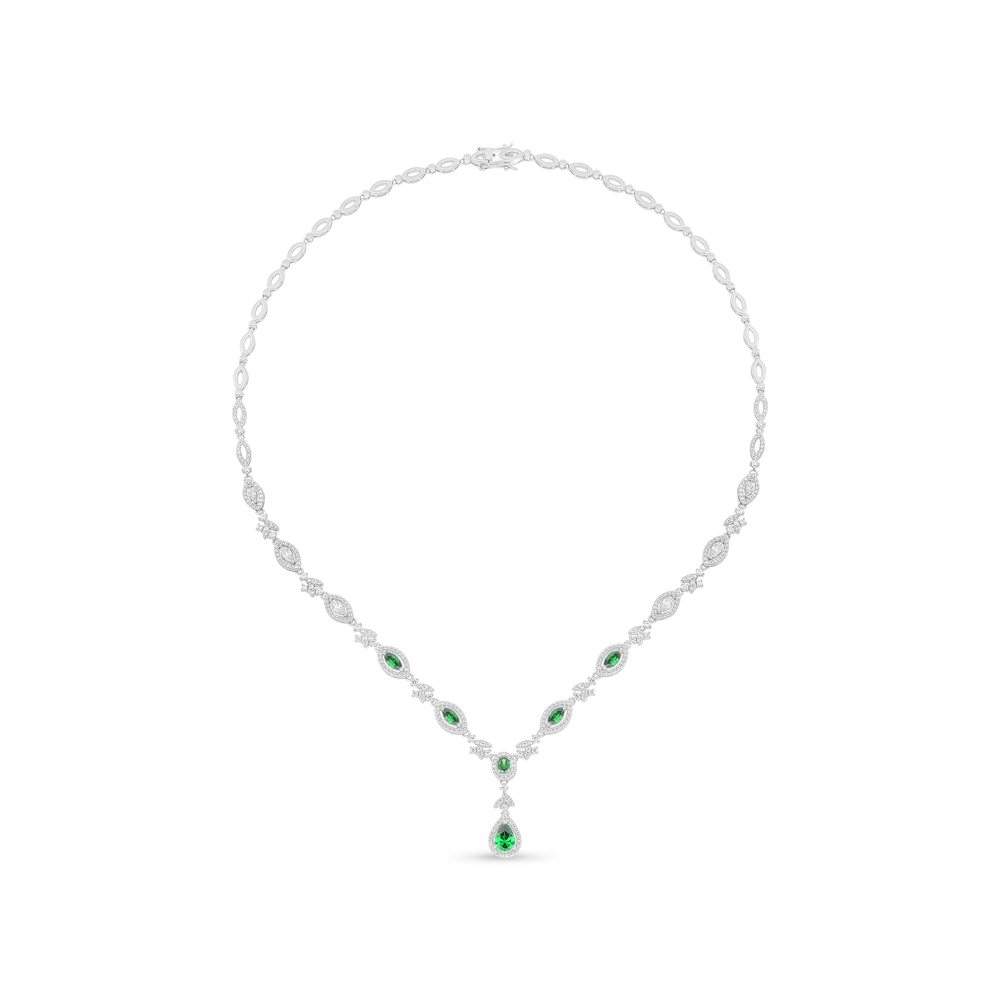 Sterling Silver 925 Necklace Rhodium Plated Embedded With Emerald Zircon And White Zircon