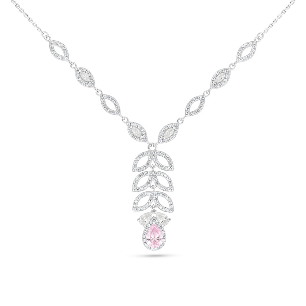 Sterling Silver 925 Necklace Rhodium Plated Embedded With Pink Zircon And White Zircon