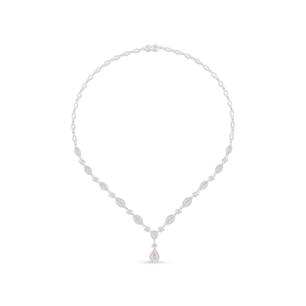 Sterling Silver 925 Necklace Rhodium Plated Embedded With Pink Zircon And White Zircon