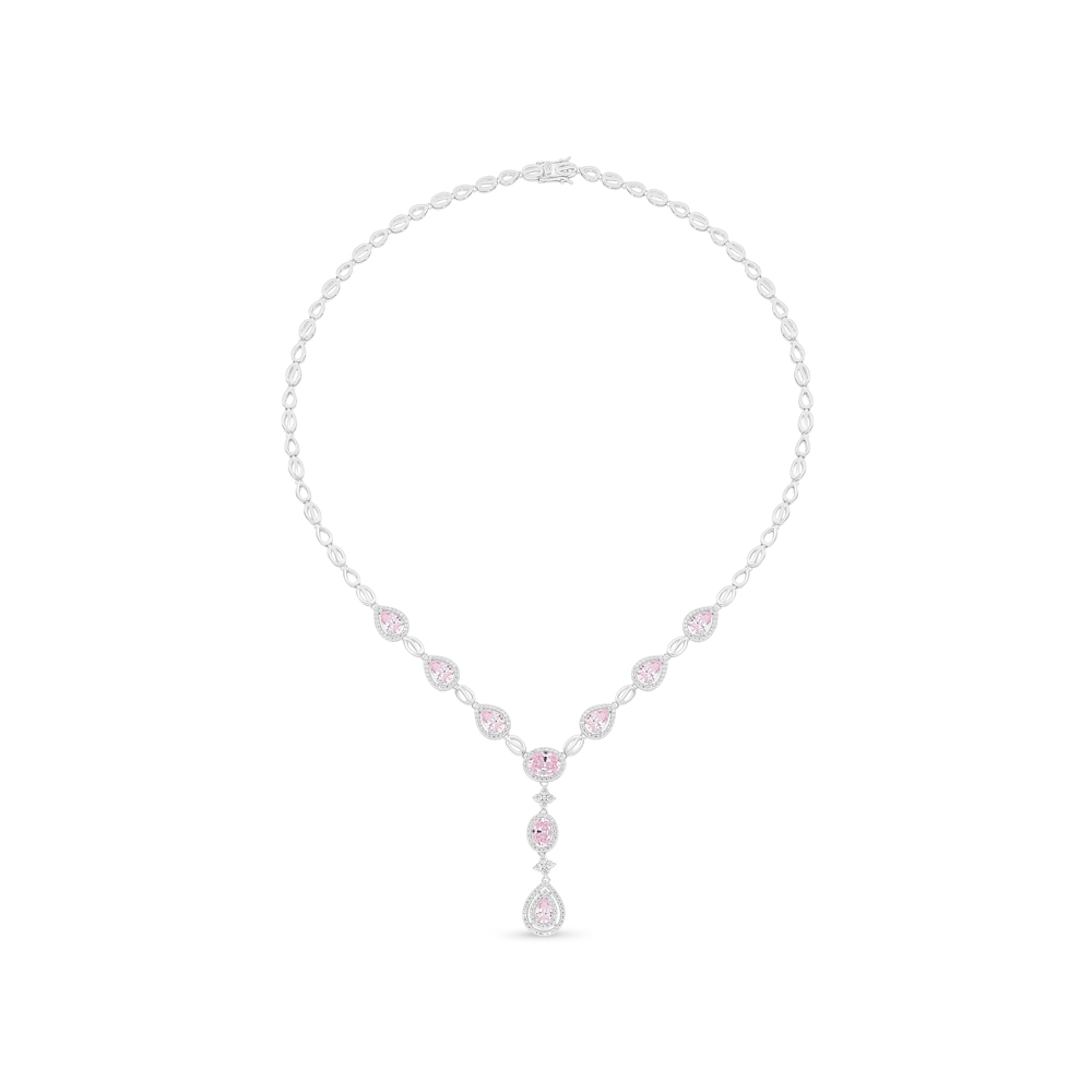 Sterling Silver 925 Necklace Rhodium Plated Embedded With Pink Zircon And White Zircon