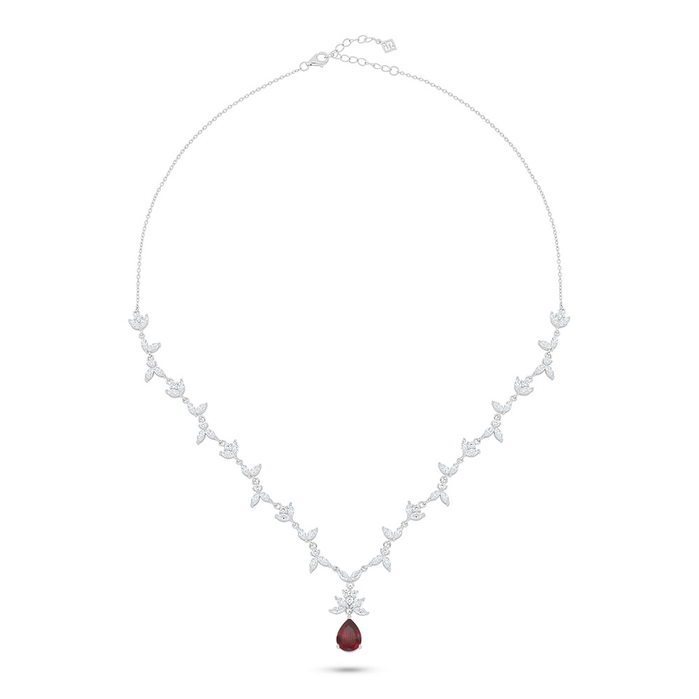 Sterling Silver 925 Necklace Rhodium Plated Embedded With Ruby Corundum And White Zircon