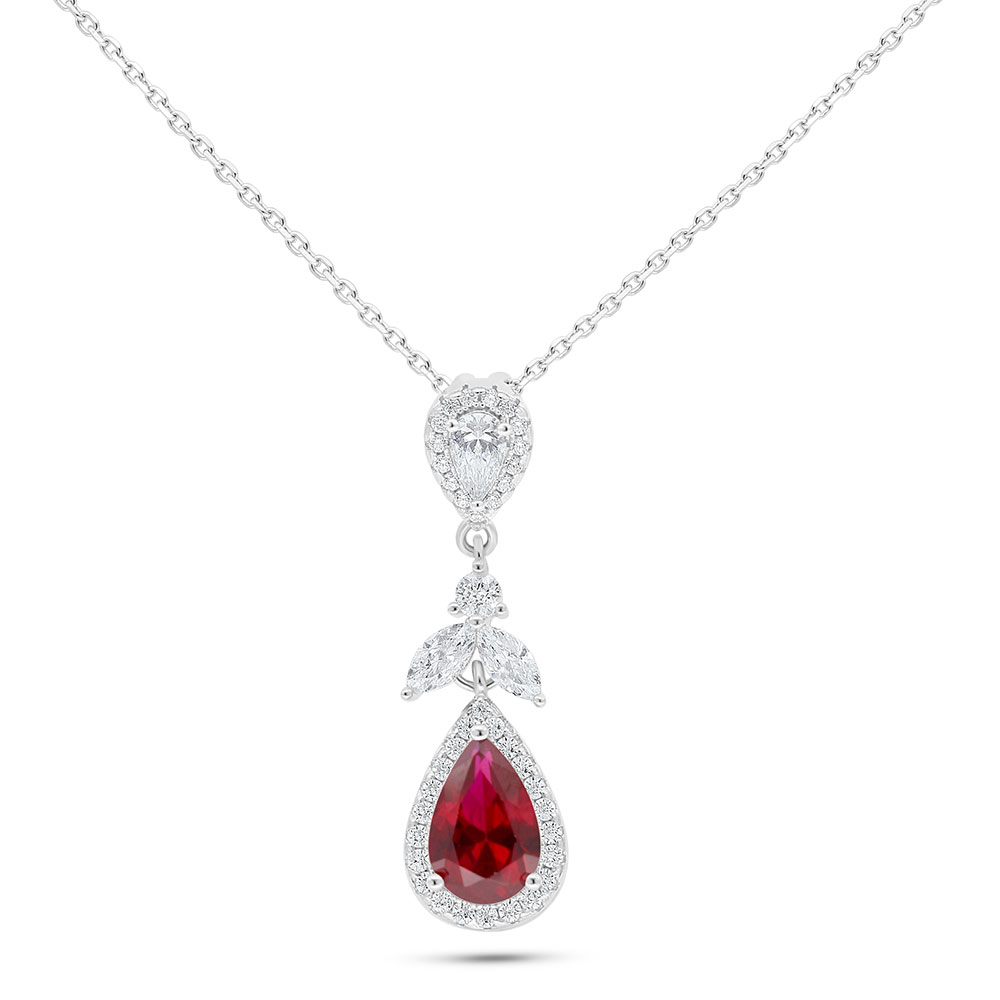 Sterling Silver 925 Necklace Rhodium Plated Embedded With Ruby Corundum And White Zircon