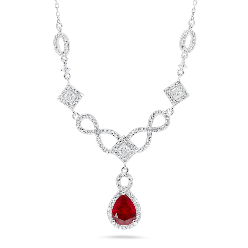 Sterling Silver 925 Necklace Rhodium Plated Embedded With Ruby Corundum And White Zircon