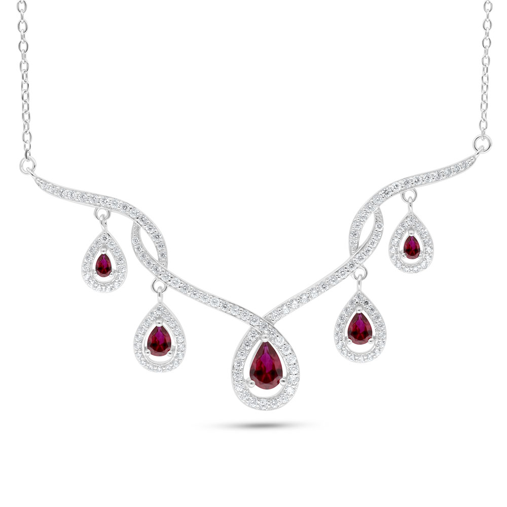 Sterling Silver 925 Necklace Rhodium Plated Embedded With Ruby Corundum And White Zircon