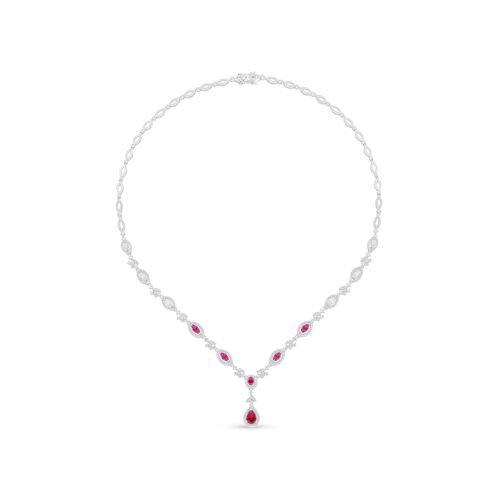 Sterling Silver 925 Necklace Rhodium Plated Embedded With Ruby Corundum And White Zircon