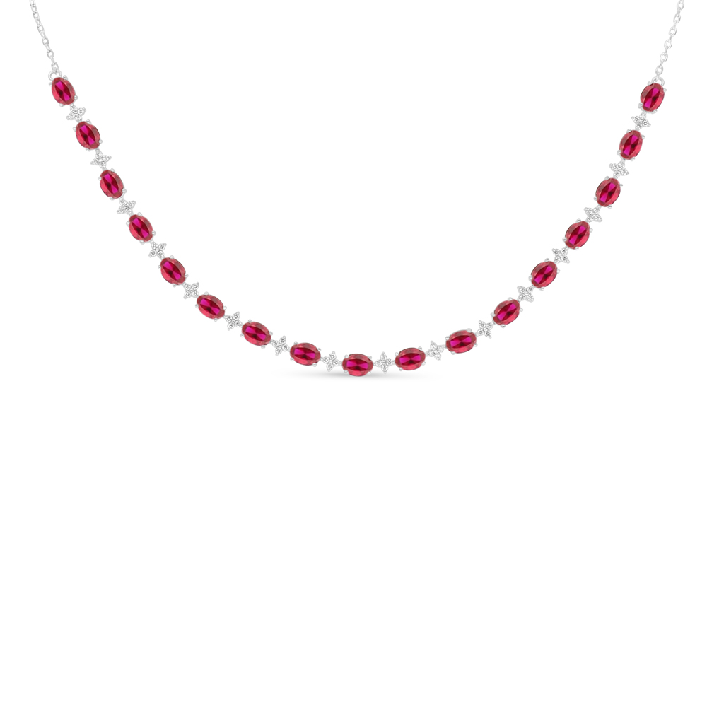 Sterling Silver 925 Necklace Rhodium Plated Embedded With Ruby Corundum And White Zircon