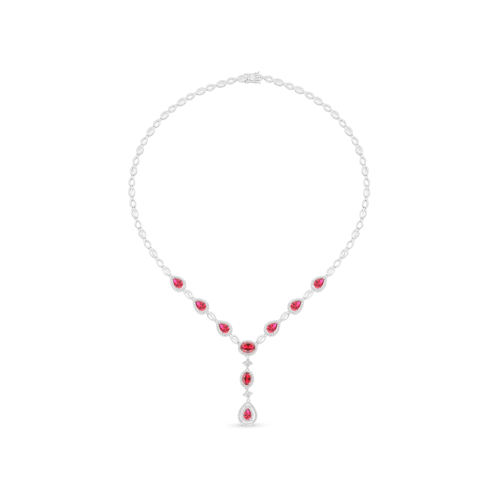 Sterling Silver 925 Necklace Rhodium Plated Embedded With Ruby Corundum And White Zircon