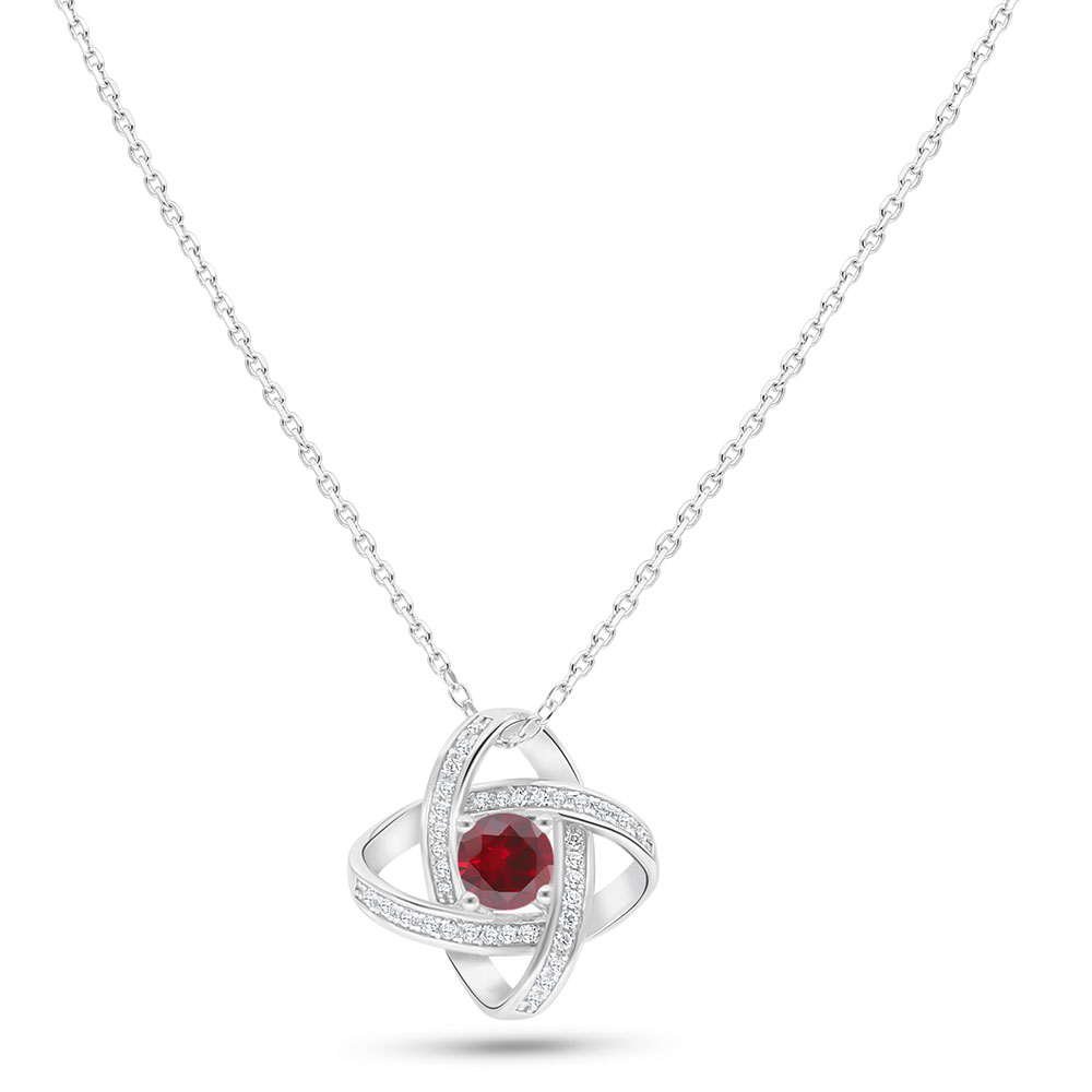 Sterling Silver 925 Necklace Rhodium Plated Embedded With Ruby Corundum And White Zircon