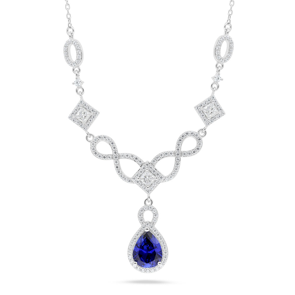 Sterling Silver 925 Necklace Rhodium Plated Embedded With Sapphire Corundum And White Zircon