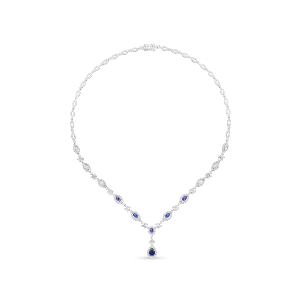 Sterling Silver 925 Necklace Rhodium Plated Embedded With Sapphire Corundum And White Zircon