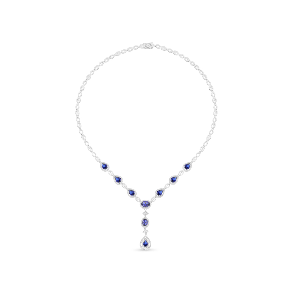 Sterling Silver 925 Necklace Rhodium Plated Embedded With Sapphire Corundum And White Zircon