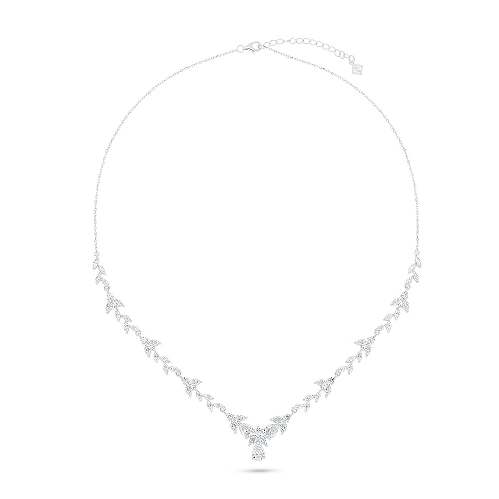 Sterling Silver 925 Necklace Rhodium Plated Embedded With White Zircon