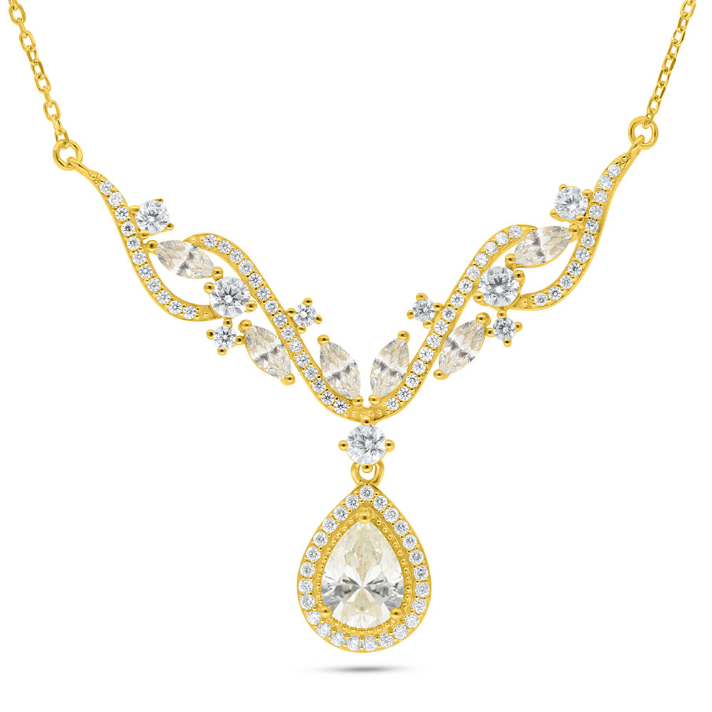 Sterling Silver 925 Necklace Golden Plated Embedded With Diamond Color And White Zircon