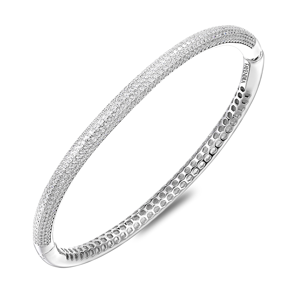 Sterling Silver 925 Bangle Rhodium Plated Embedded With White Zircon