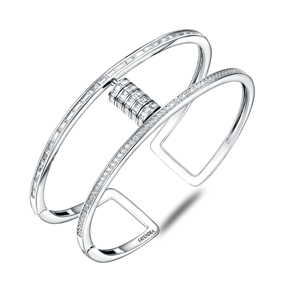 Sterling Silver 925 Bangle Rhodium Plated Embedded With White Zircon