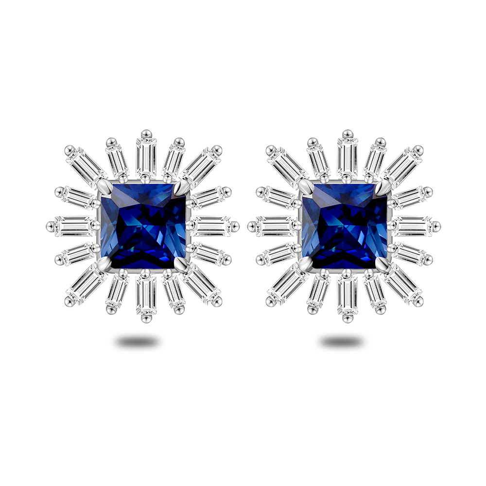 Sterling Silver 925 Earring Rhodium Plated Embedded With Sapphire Corundum And White Zircon