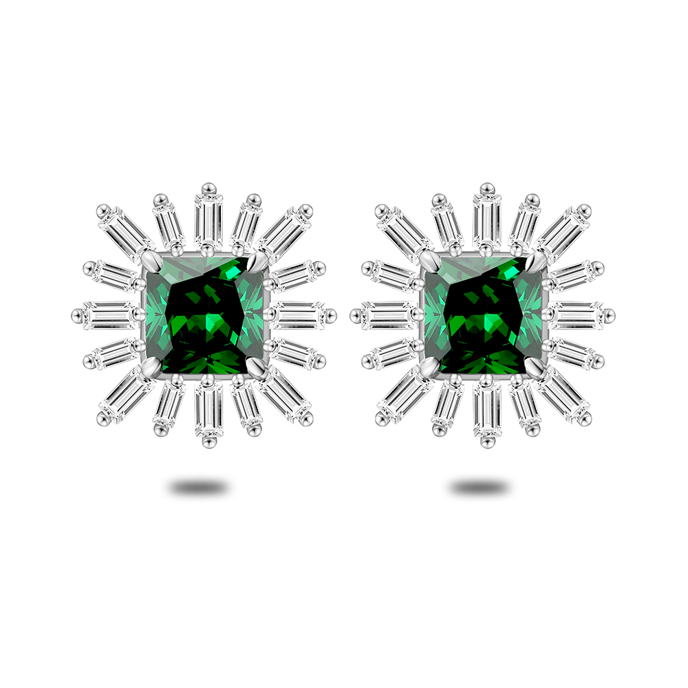 Sterling Silver 925 Earring Rhodium Plated Embedded With Emerald Zircon And White Zircon