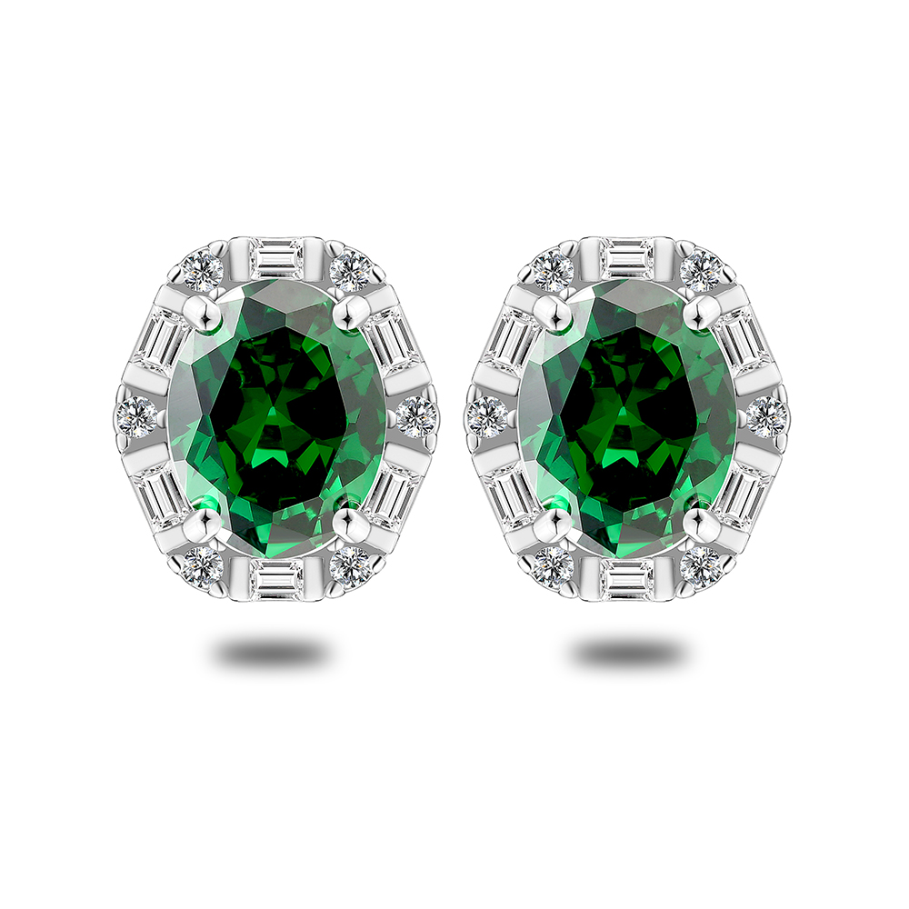 Sterling Silver 925 Earring Rhodium Plated Embedded With Emerald Zircon And White Zircon