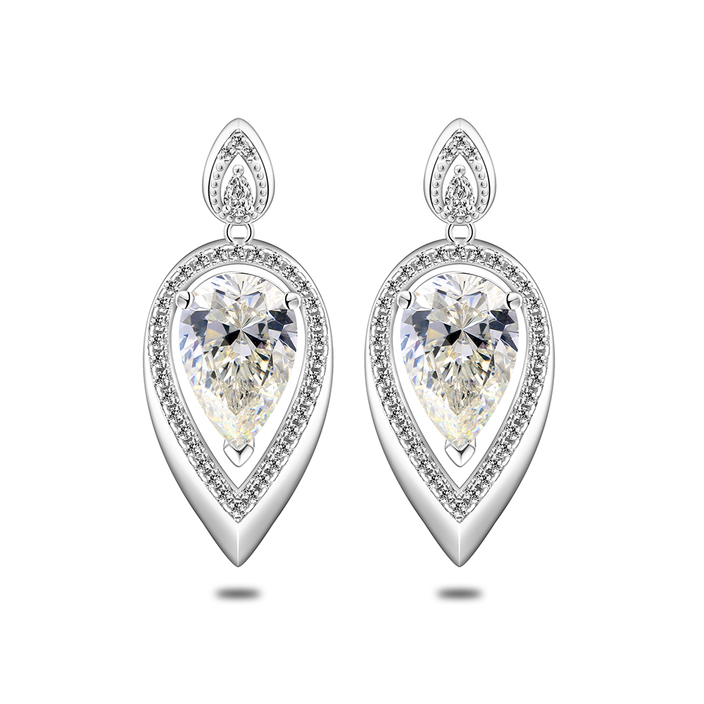 Sterling Silver 925 Earring Rhodium Plated Embedded With Diamond Color And White Zircon