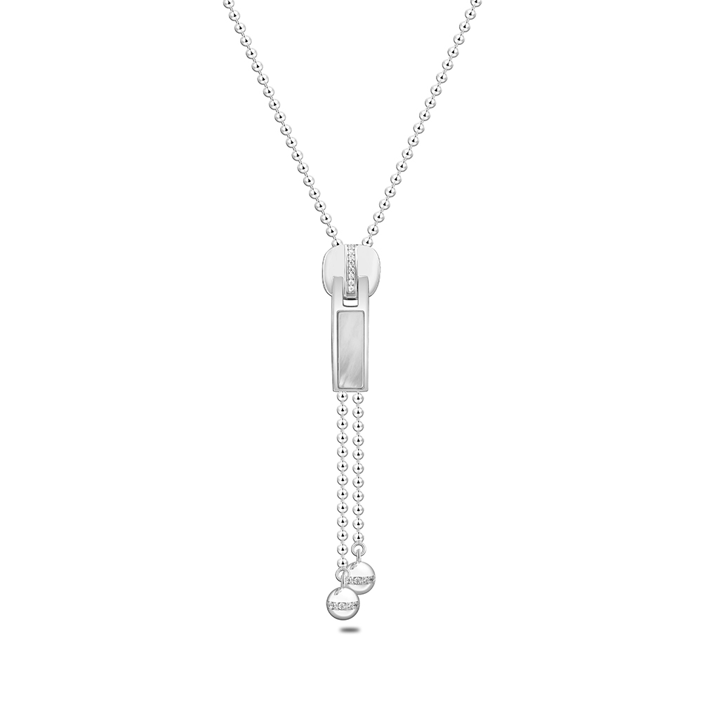 Sterling Silver 925 Necklace Rhodium Plated Embedded With White Shell And White Zircon