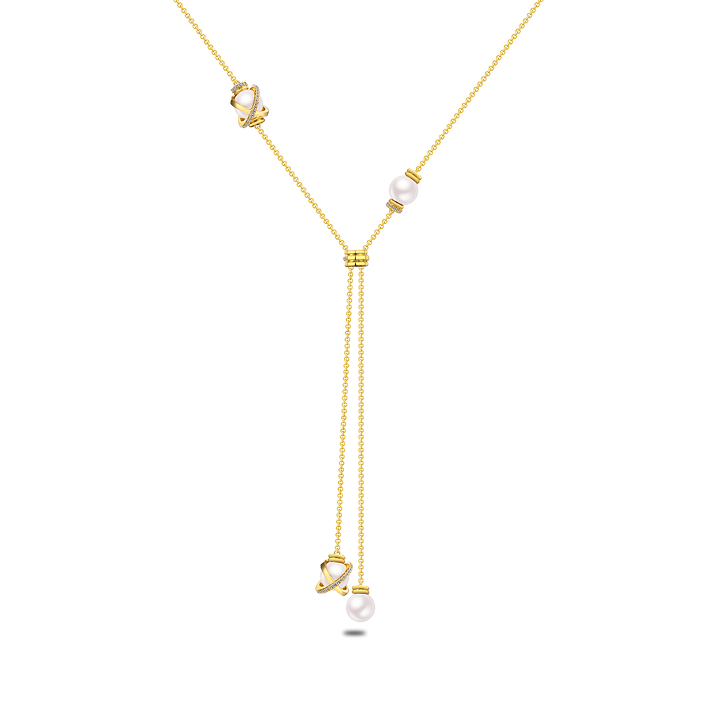 Sterling Silver 925 Necklace Golden Plated Embedded With White Shell Pearl And White Zircon