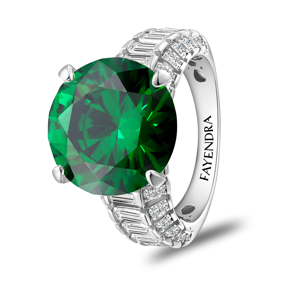 Sterling Silver 925 Ring Rhodium Plated Embedded With Emerald Zircon And White Zircon