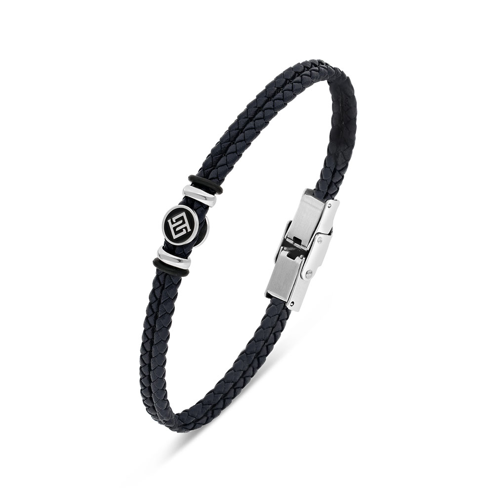 Stainless Steel Bracelet 316L And 304L Silver Plated With Blue And Black Leather (LOGO)