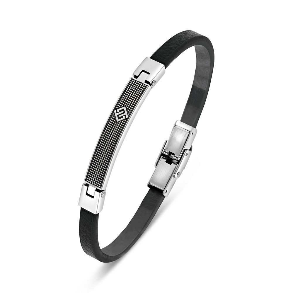 Stainless Steel Bracelet 316L And 304L Silver Plated With Black Leather (LOGO)