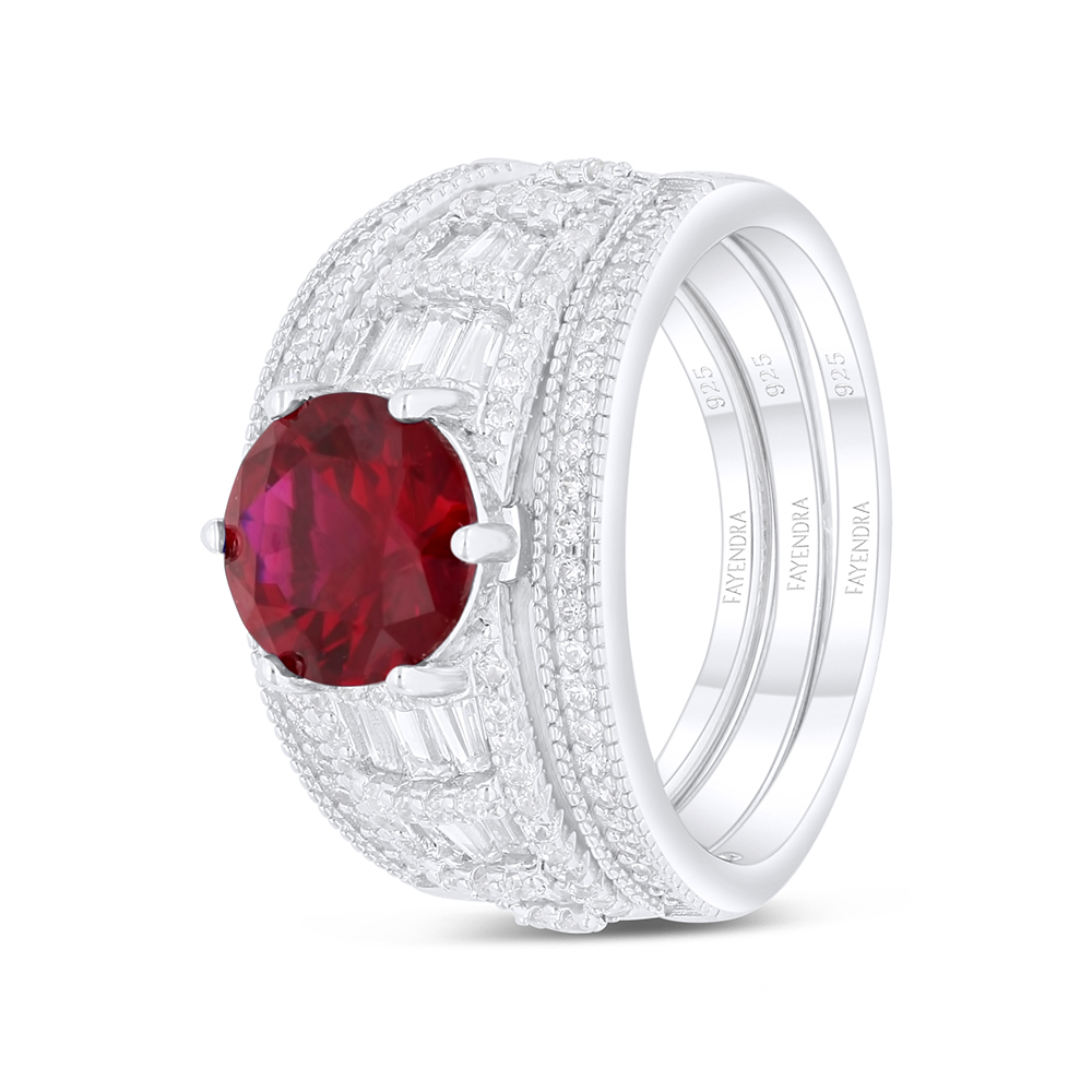 Sterling Silver 925 Ring (3pcs) Rhodium Plated Embedded With Ruby Corundum And White Zircon