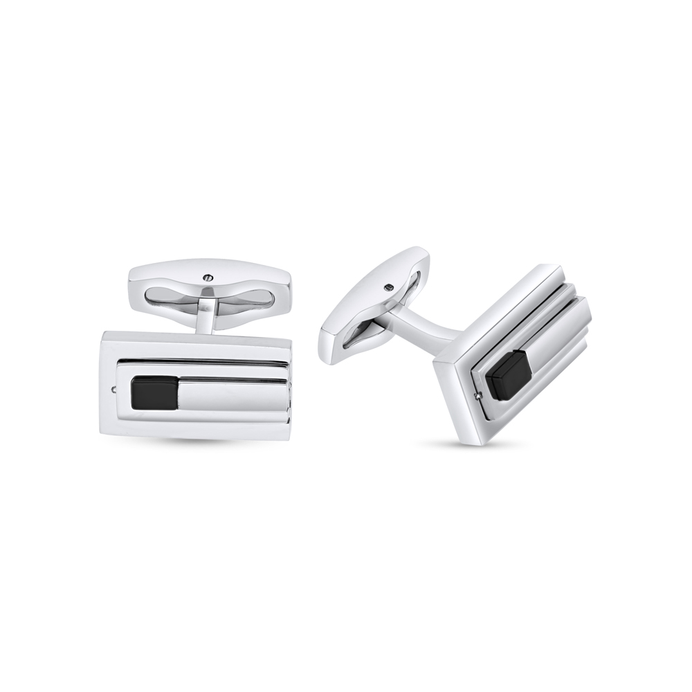 Stainless Steel Cufflink 316L Silver Plated  Embedded With Black Agate