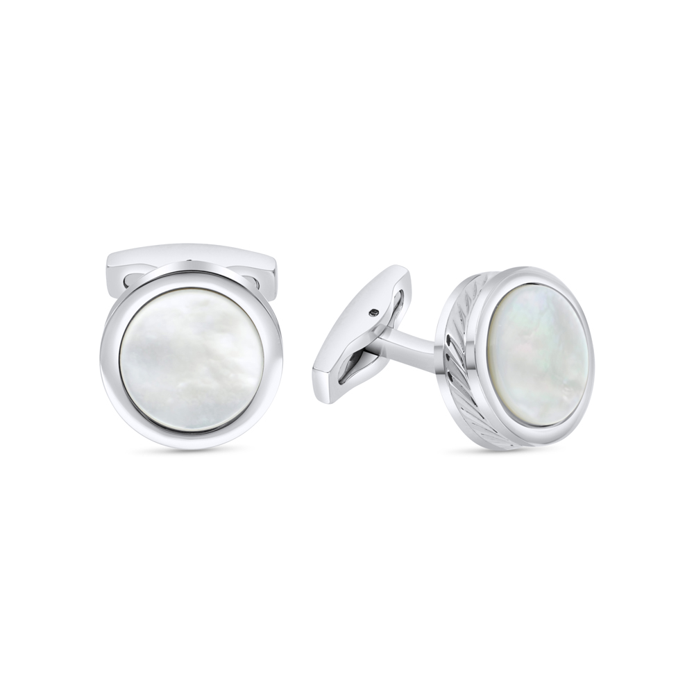 Stainless Steel Cufflink 316L Silver Plated  Embedded With White Shell 