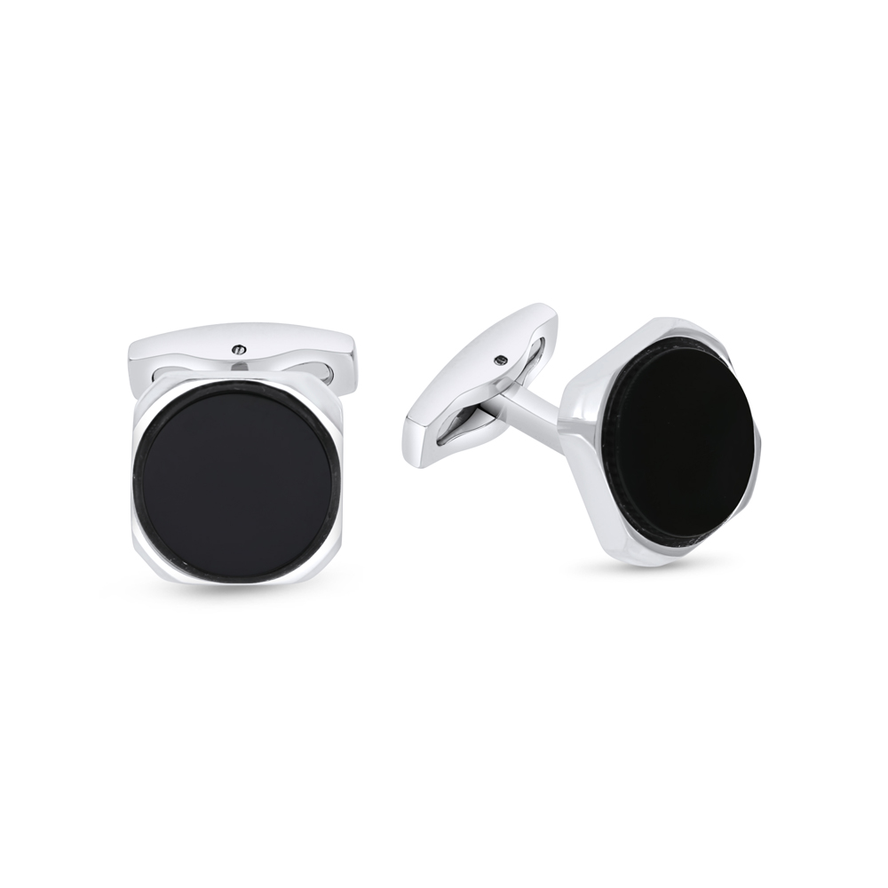 Stainless Steel Cufflink 316L Silver Plated  Embedded With Black Agate