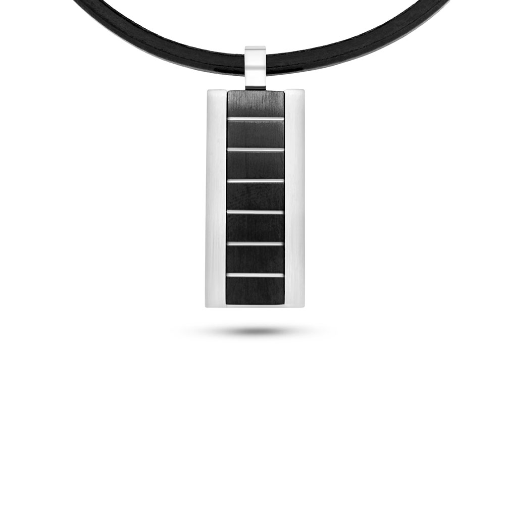 Stainless Steel Necklace 316L Silver And Black Plated With Black Leather For Men