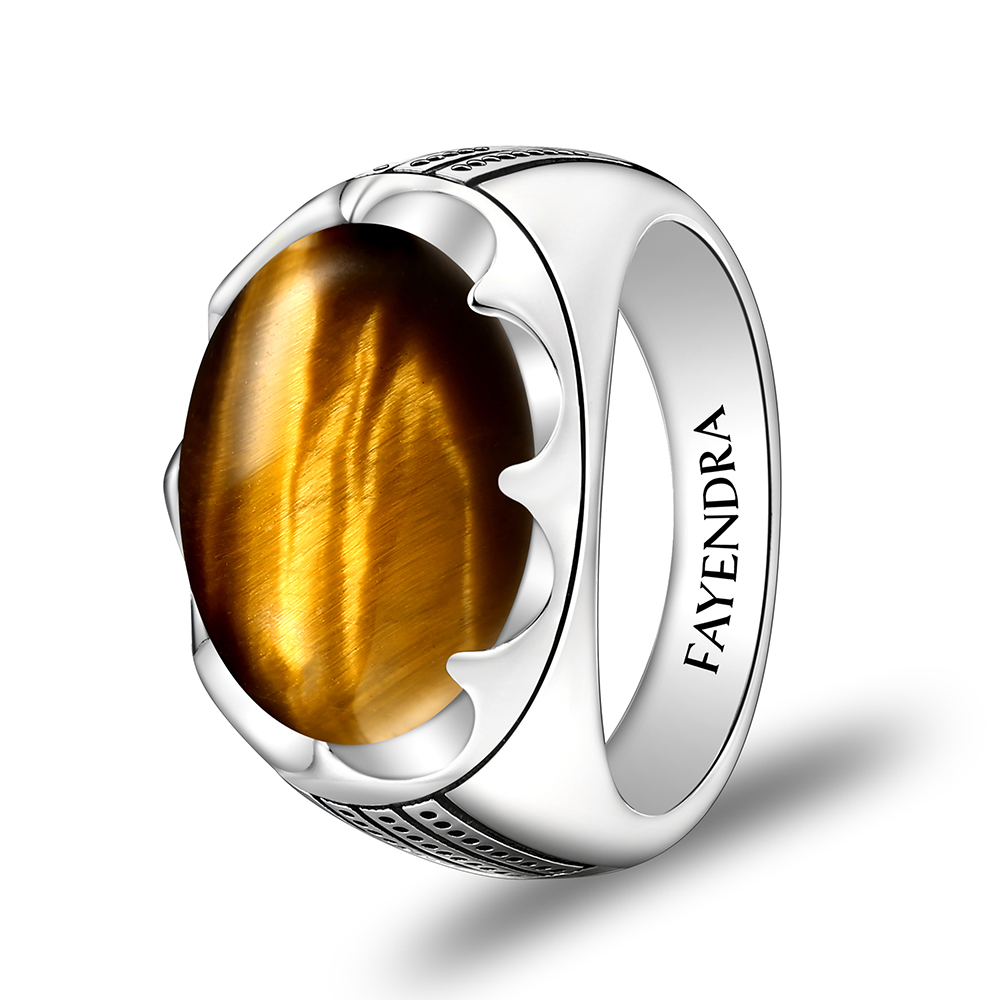 Sterling Silver 925 Ring Rhodium Plated Embedded With YELLOW TIGER EYE