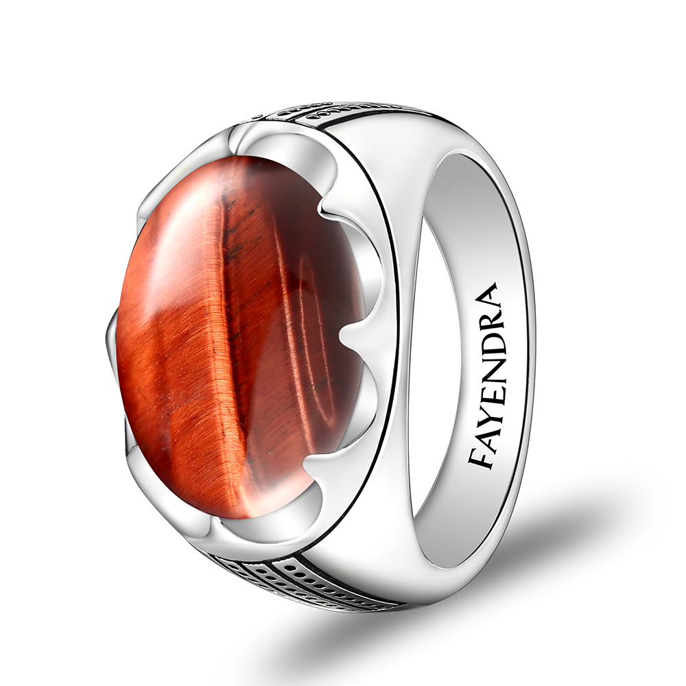 Sterling Silver 925 Ring Rhodium Plated Embedded With RED TIGER EYE