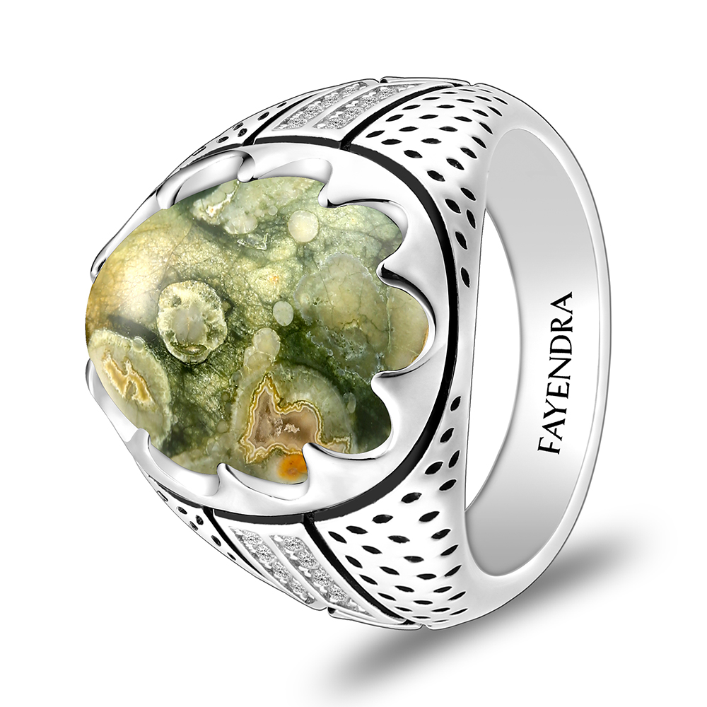 Sterling Silver 925 Ring Rhodium Plated Embedded With RHYOLITE And White CZ