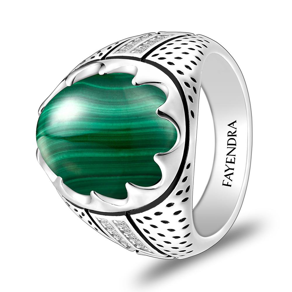 Sterling Silver 925 Ring Rhodium Plated Embedded With Malachite And White CZ