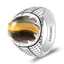 Sterling Silver 925 Ring Rhodium Plated Embedded With YELLOW TIGER EYE And White CZ