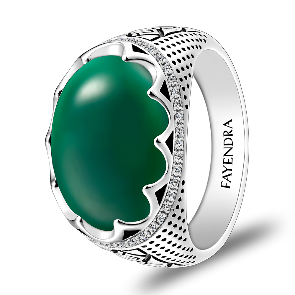 Sterling Silver 925 Ring Rhodium Plated Embedded With GREEN AGATE And White CZ