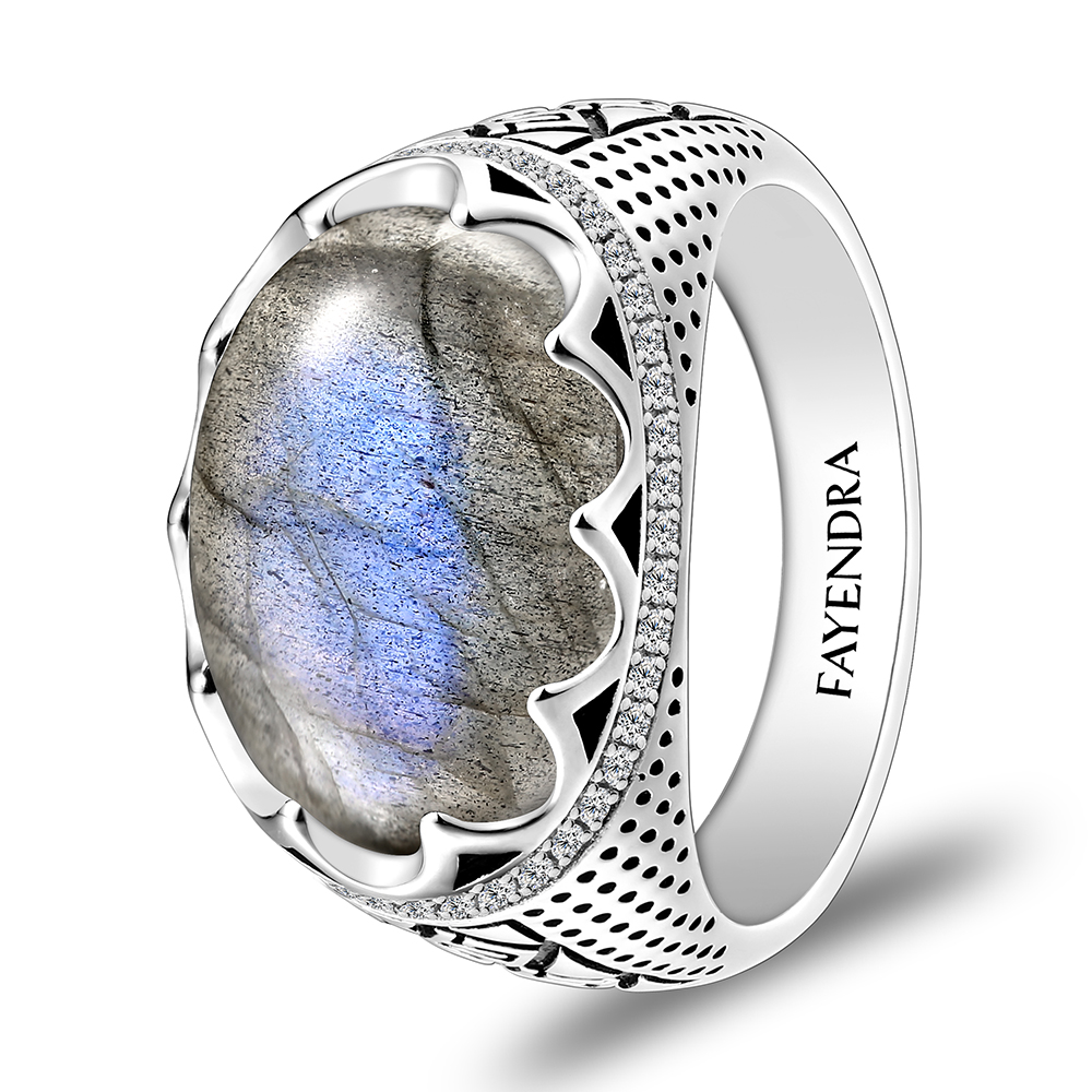 Sterling Silver 925 Ring Rhodium Plated Embedded With LABRADORITE And White CZ