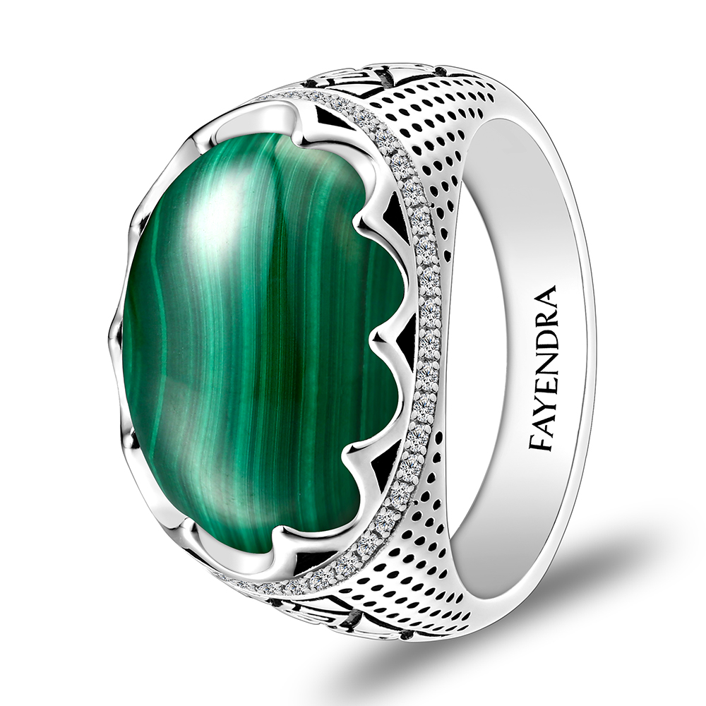 Sterling Silver 925 Ring Rhodium Plated Embedded With Malachite And White CZ