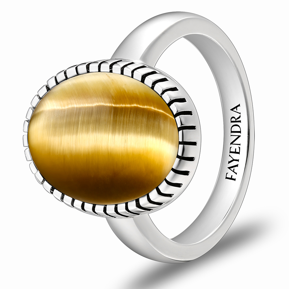 Sterling Silver 925 Ring Rhodium Plated Embedded With GOLD TIGER EYE