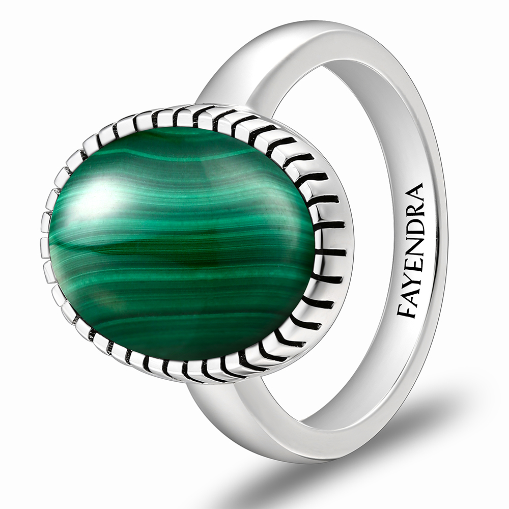 Sterling Silver 925 Ring Rhodium Plated Embedded With Malachite