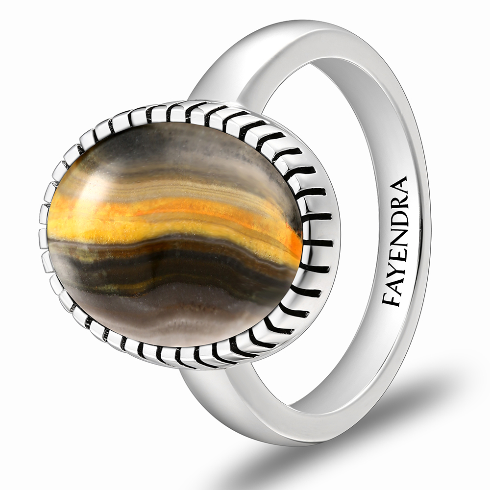 Sterling Silver 925 Ring Rhodium Plated Embedded With YELLOW TIGER EYE