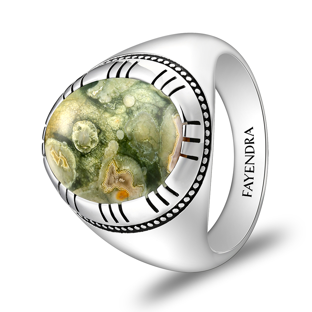 Sterling Silver 925 Ring Rhodium Plated Embedded With RHYOLITE