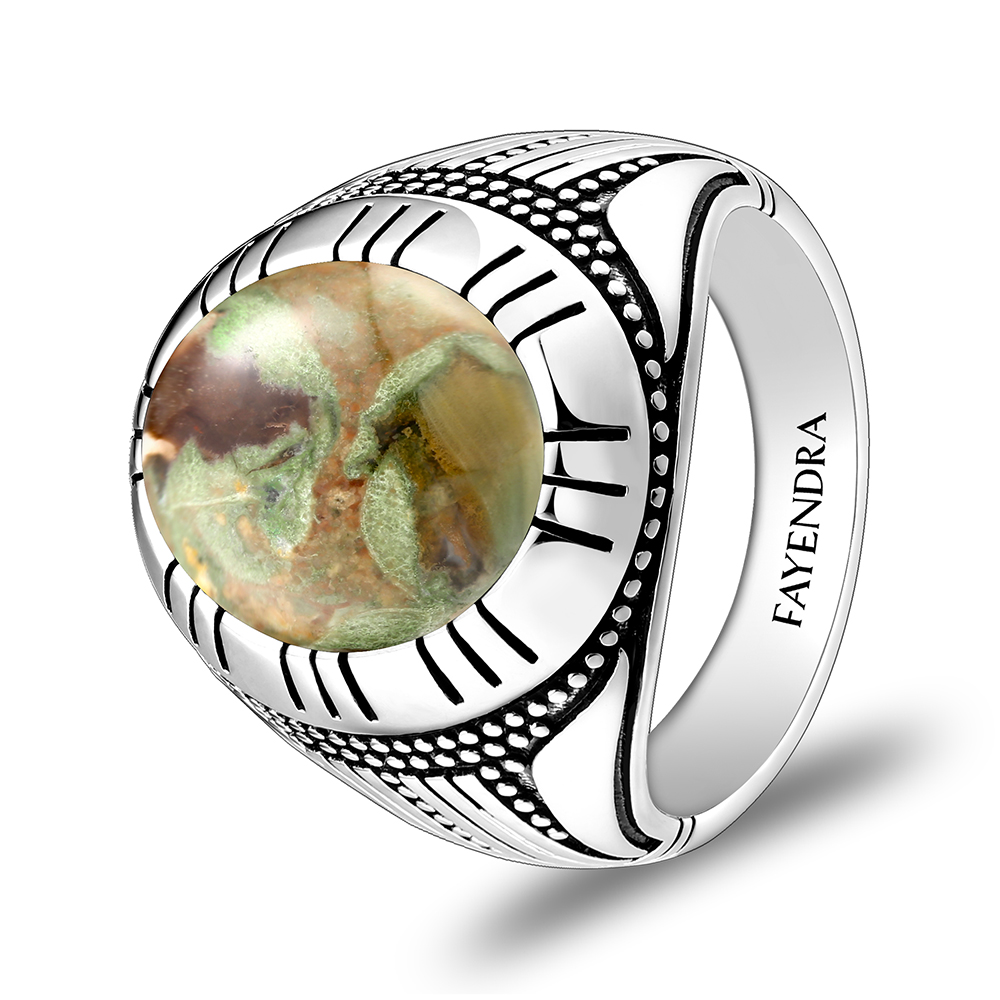 Sterling Silver 925 Ring Rhodium Plated Embedded With RHYOLITE