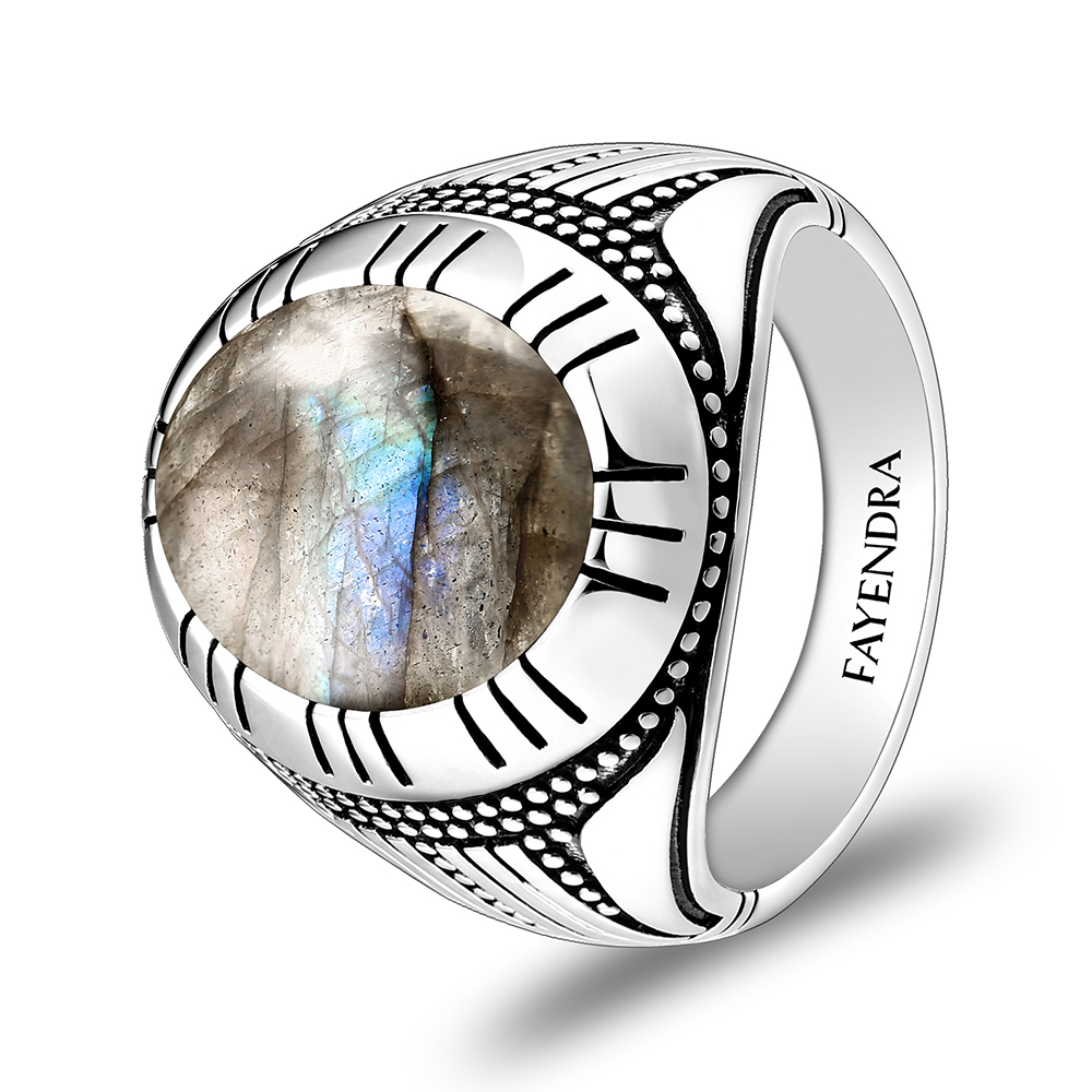 Sterling Silver 925 Ring Rhodium Plated Embedded With LABRADORITE