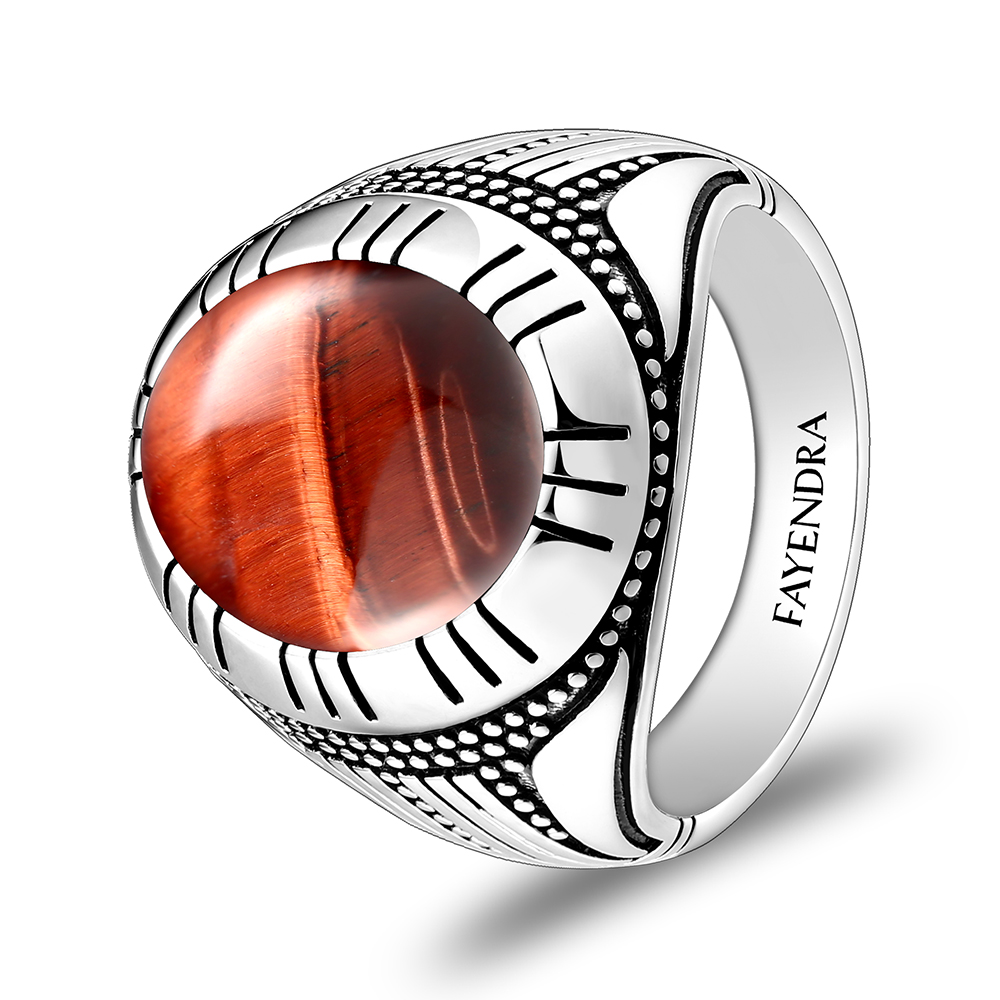 Sterling Silver 925 Ring Rhodium Plated Embedded With RED TIGER EYE