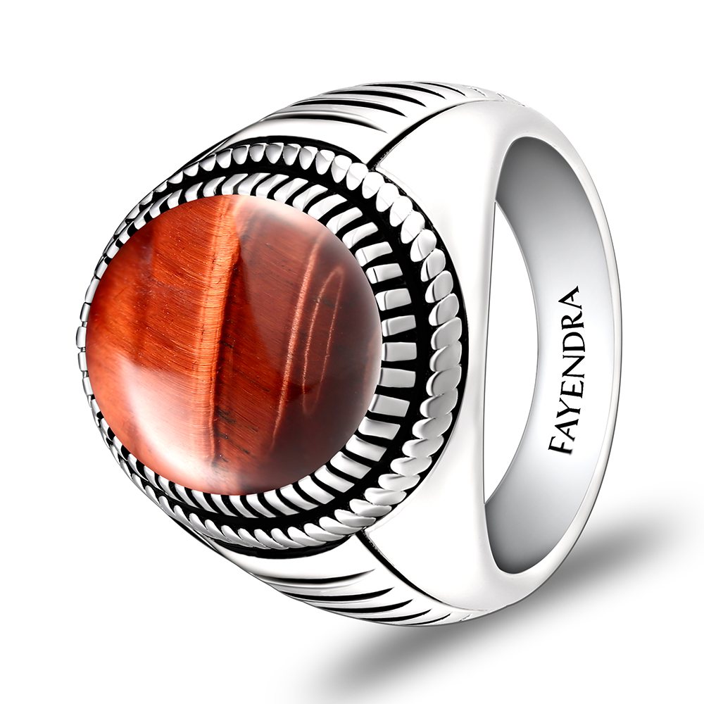 Sterling Silver 925 Ring Rhodium Plated Embedded With RED TIGER EYE