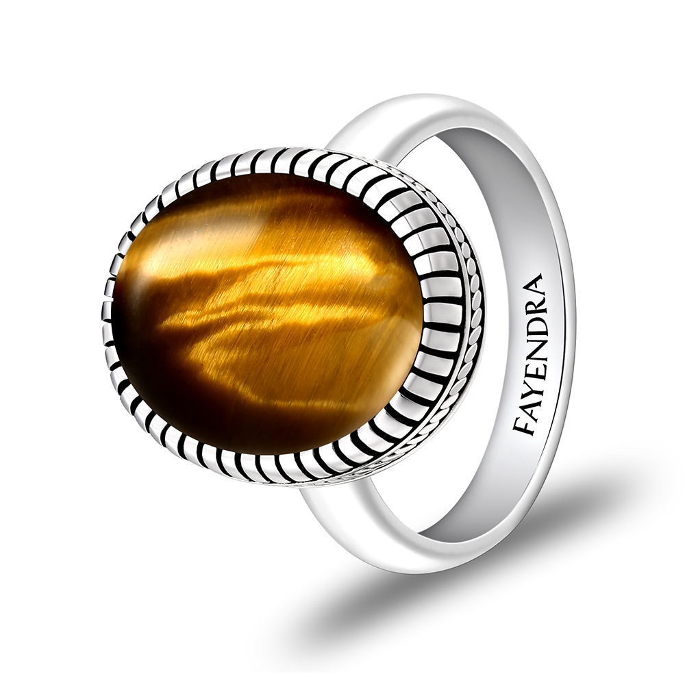 Sterling Silver 925 Ring Rhodium Plated Embedded With YELLOW TIGER EYE